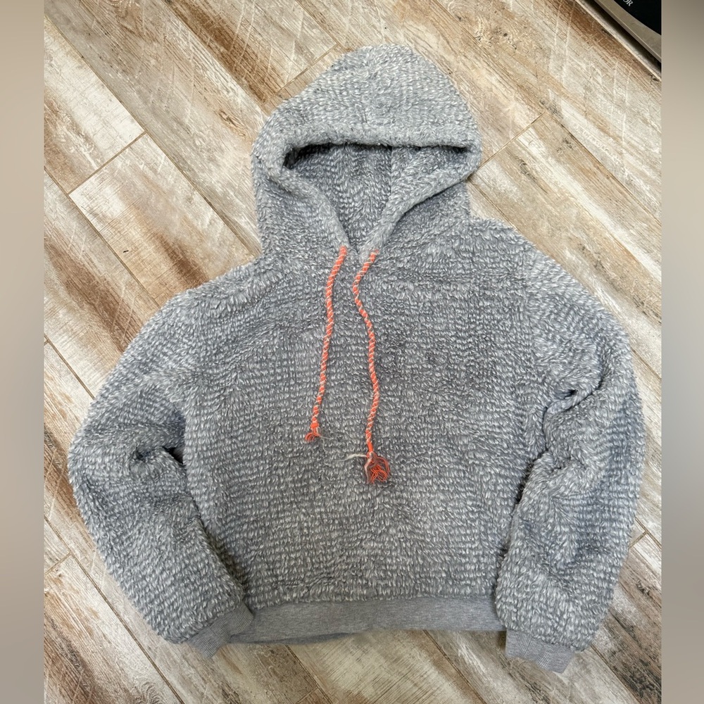 Anthropologie Saturday Sunday Nanette Gray Plush Hoodie with Coral Drawstrings
